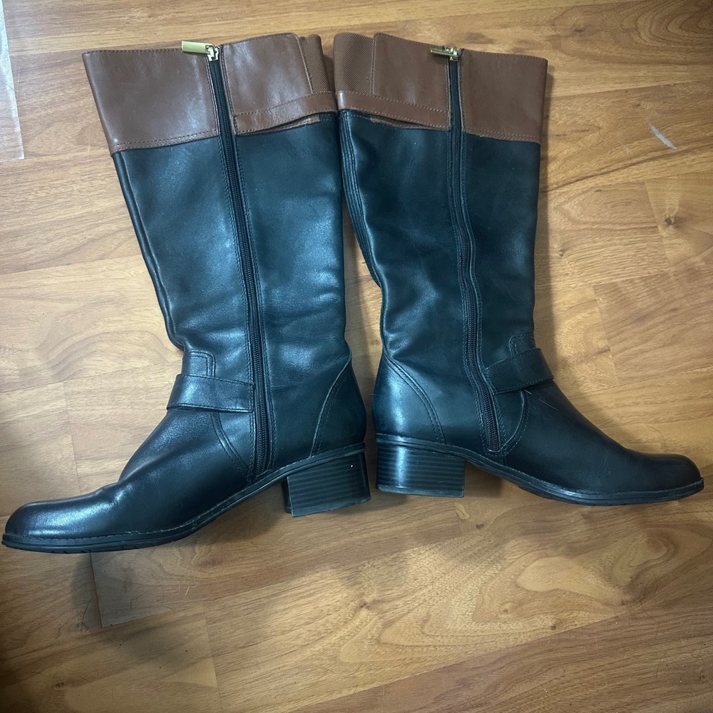 Bandolino Coppa Boots Womens 8M Black Brown Zip‎ Leather Riding Outdoor Tall
